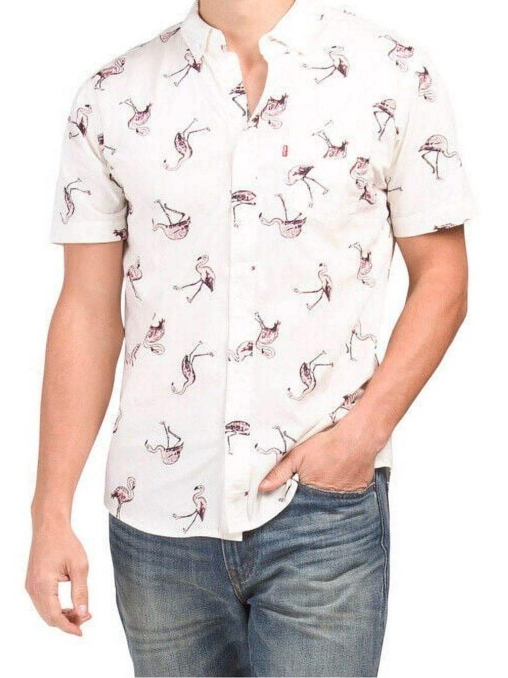 Men’s Levi's White Short-Sleeve Flamingo Print Button-Up Shirt | Large